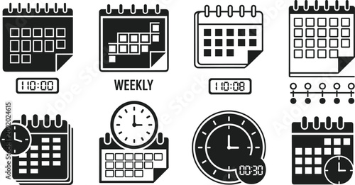 Calendar and clock icons set schedule planner time management weekly timetable isolated vector silhouettes for business and productivity design