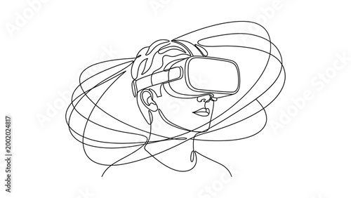 “Continuous Line Art men Wearing VR Headset – Immersive Virtual Reality Experience Minimalist One Line Drawing”
