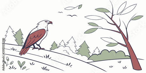 Bild auf Leinwand Eagle perched on a branch in a forest landscape illustration with wildlife lands