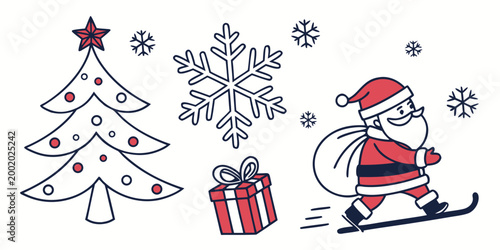 Christmas illustration of santa claus skiing with a gift sack beside a decorated tree and large snowflake christmas snowflake celebration december illustration greeting decoration