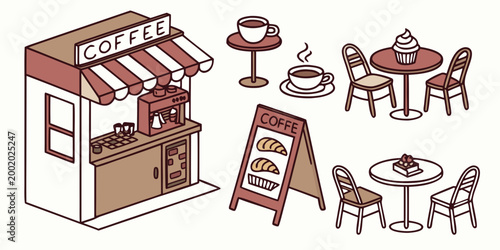 Isometric coffee shop stall with outdoor cafe tables and bistro style seating arrangement beverage croissant isometric illustration business exterior furniture breakfast shopfront espresso