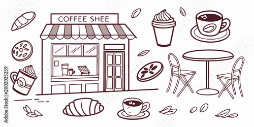 Coffee shop illustration with cups and pastries line art croissant beverage storefront breakfast illustration caffeine interior exterior monochrome graphics business shopfront espresso