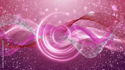 An abstract digital artwork features flowing pink and purple ribbons swirling around a central sparkling vortex, creating a mesmerizing and ethereal visual effect.