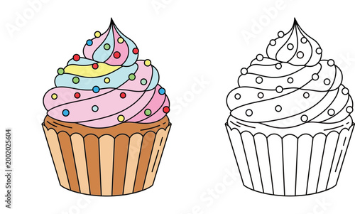 Cute cupcake vector illustration with pastel frosting and sprinkles. Includes colored version and black and white line art outline for coloring book page design.