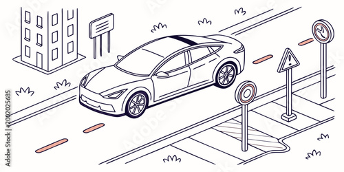 Autonomous electric vehicle driving through urban city street with electric autonomous transportation transport technology infrastructure illustration background cityscape mobility passenger