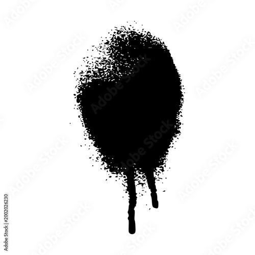Solid black spray paint splat featuring dense aerosol texture and drips. Bold urban art element for underground culture, gritty streetwear designs, and realistic spraypaint effects.