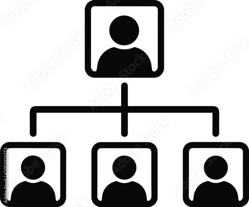 Black organizational chart icon showing hierarchical structure with manager connected to three subordinate team members
