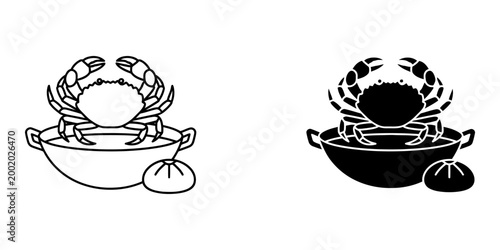 Foto Crab cooking in wok pan with dim sum bun icon set featuring line art and silhouette styles for seafood restaurant branding identity design element isolated on white background high quality vector
