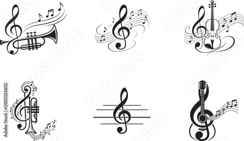 Music instrument and treble clef icon set