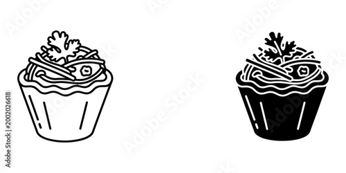 Fotografie Asian noodle salad tartlet with cilantro garnish icon set including outline and silhouette versions for gourmet catering menu or appetizer design element isolated on white background vector graphic