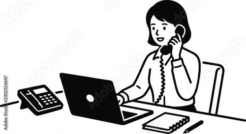Office worker at desk using laptop and telephone icon illustration representing communication, multitasking, business administration, and professional work
