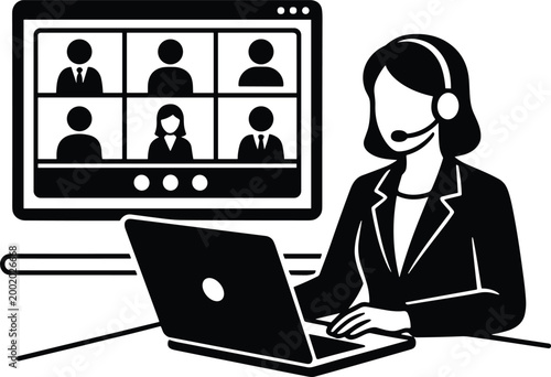 Remote worker with headset at desk using laptop and video conference monitor icon illustration representing online meeting and virtual collaboration