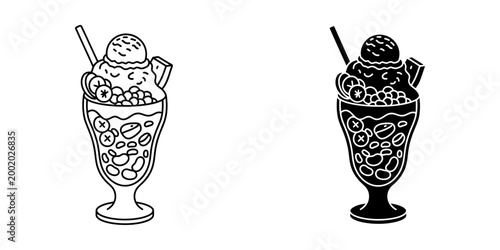 Halo halo dessert glass icon set in outline and solid style representing traditional philippine shaved ice sundae with beans fruit and ice cream for summer refreshment and cafe menu decoration.
