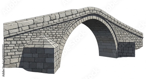 Ancient stone arch bridge structure isolated on white background.