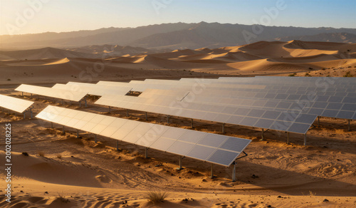 Solar panels array operating in desert landscape at sunset