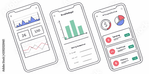 Set of mobile app financial dashboards with graphs charts and data analytics UI dashboard analytics business financial interface accounting statistics illustration technology management