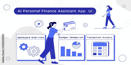 Ai personal finance assistant app UI showing dashboard overview budget categories and transaction history with dashboard management financial accounting interface analytics business planning