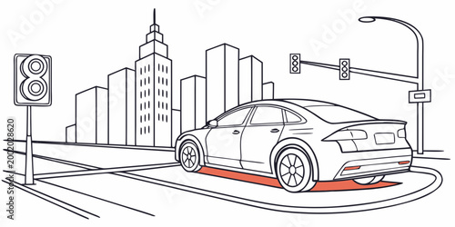 Abstract illustration of a self-driving car navigating through a modern city intersection with tall buildings and traffic signals autonomous transport navigation illustration technology mobility
