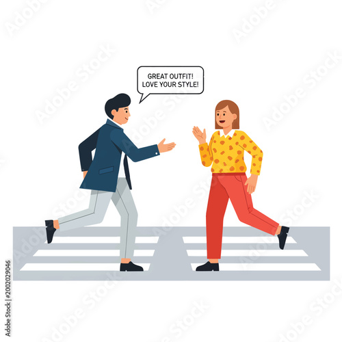 Vector Illustration of a Man Giving a Fashion Compliment to a Woman on a Zebra Crossing