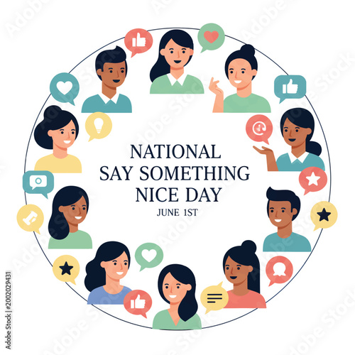 National Say Something Nice Day Illustration with Diverse Avatars and Positive Icons for June 1st