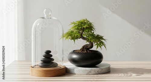 serene bonsai tree and zen stone stack under glass dome on wooden table