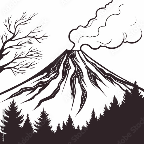 Volcanic mountain erupting with smoke and lava flow in forest setting nature disaster volcanic eruption mountain landscape volcano graphic smoke cloud volcano illustration wild nature