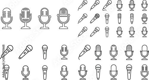 Microphone line icons set audio recording podcast studio broadcast equipment outline vector collection for media and music production