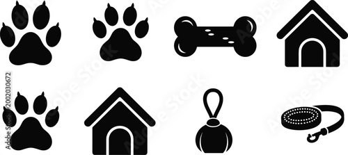 Pet care icons set with paw prints dog house bone collar and tag isolated vector silhouettes collection