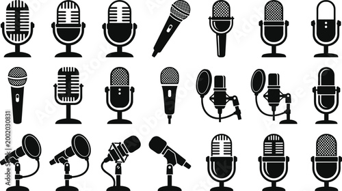 Set of microphone icons collection isolated vector silhouettes for podcast radio broadcasting music recording and audio equipment design