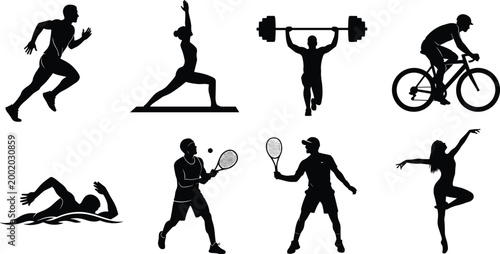 Sports silhouettes set running yoga weightlifting cycling swimming tennis and dance isolated vector collection for fitness and activity design