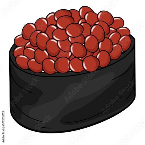 Vector sushi illustration, ikura gunkan maki with glossy red roe on black nori