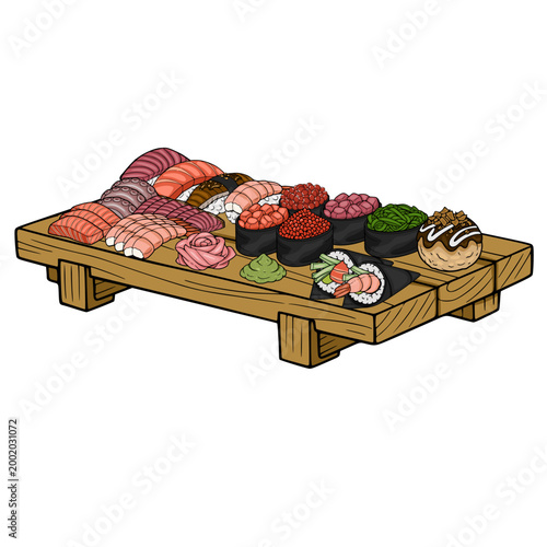 Assortment of delicious Japanese sushi and sashimi vector illustration on wooden platter