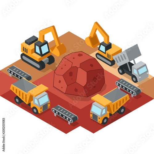 Heavy construction vehicles at mining site.