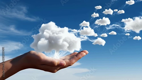 A hand gently cradles a fluffy white cloud against a vibrant blue sky, symbolizing dreams, hope, and the beauty of nature.