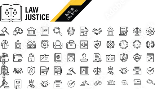 Law and justice line icons set legal symbols court police documents and rights editable vector collection for legal design