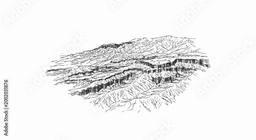 Detailed sketch of a rugged mountainous terrain with layered cliffs and ravines