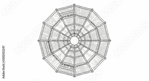 Detailed overhead view of a wooden octagonal structure with radiating beams