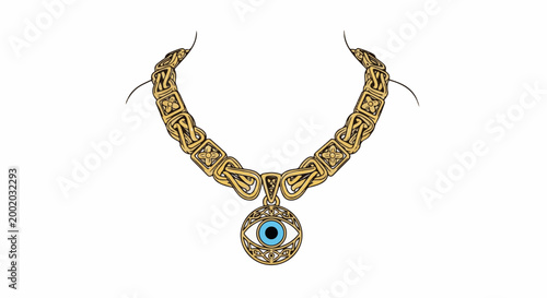 Detailed ornate gold necklace with an eye pendant