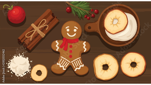 Christmas Baking Ingredients & Gingerbread Man Flat Lay Overhead