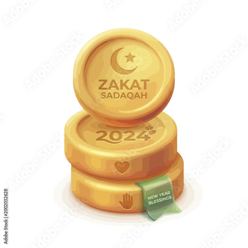 Stack of Golden Zakat and Sadaqah Coins for 2024 Charity Concept.