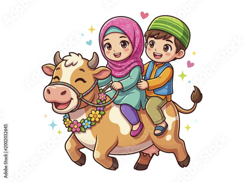 Smiling kids ride brown cow together.