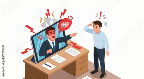 Strict Boss on Tablet Making Employee Nervously Salute Isometric Office Illustration