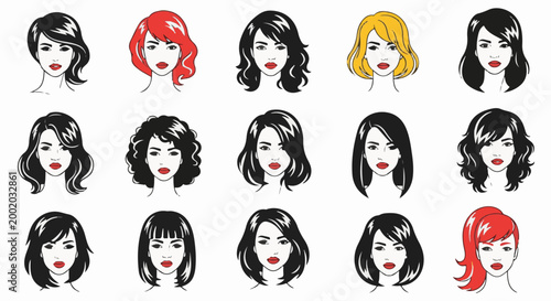 Diverse female hairstyles in graphic art, black, red, and blonde hair