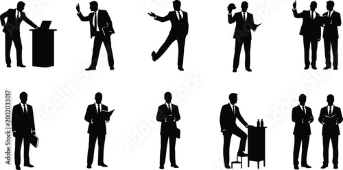 Silhouette of Professional Business Men in Suits, Corporate Presentation and Team Leadership Poses Set, Isolated Vector Illustrations