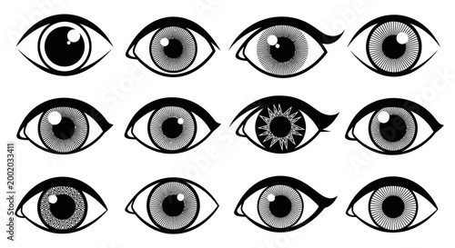Black and white eyes and cats vector set featuring cartoon woman face illustration with iris eyeball design and eyelash fashion art symbol for vision look