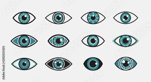 A collection of twelve stylized eye icons and illustrations featuring blue and teal irises with black pupils and distinct outlines on a light background.