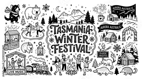 Tasmania Winter Festival Doodle Art - Hand Drawn Illustration