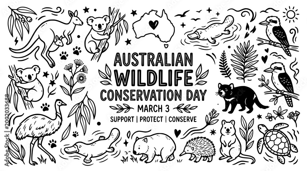 Obraz premium Australian Wildlife Conservation Day Doodle Art
