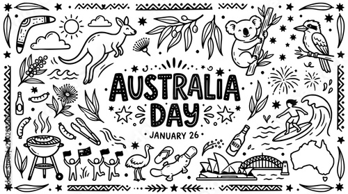 Australia Day Doodle Art: Kangaroo, Koala, Surfer, Icons