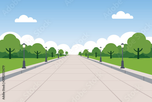 Symmetric park pathway with rows of trees and street lamps in flat vector style.